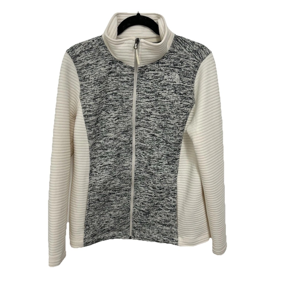 The North Face Indi Jacket‎ Womens L Full Zip Heathered Gray White 2 Tone Ribbed